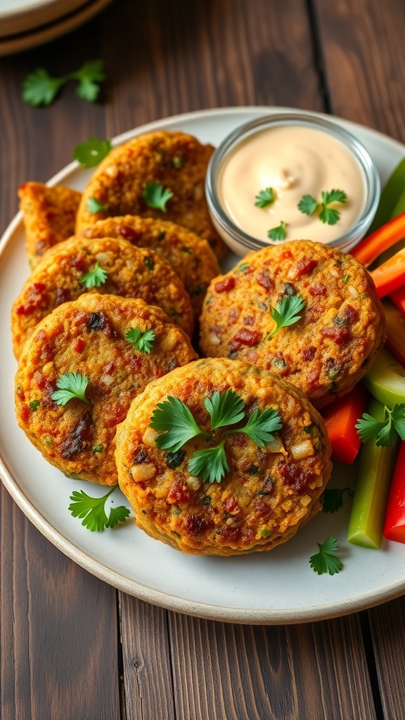 Golden-brown beef and vegetable patties garnished with parsley, served with dipping sauce and vegetable slices.